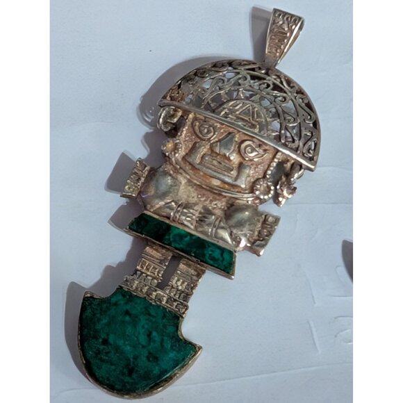 Peruvian Sterling Silver & Turquoise Inca Warrior Pendant & Earrings Set - Picture 2 of 4